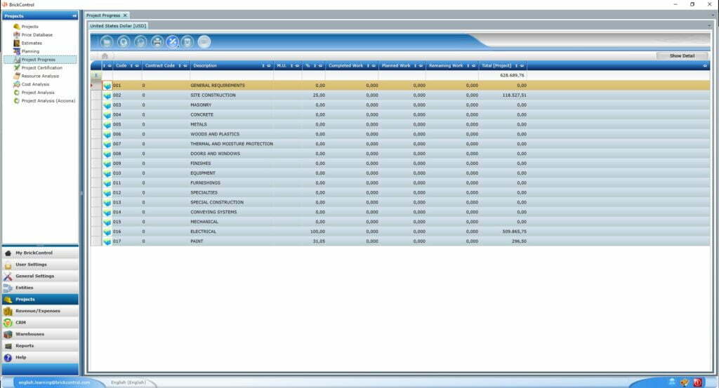 App dashboard for progress and progress reports of construction works.