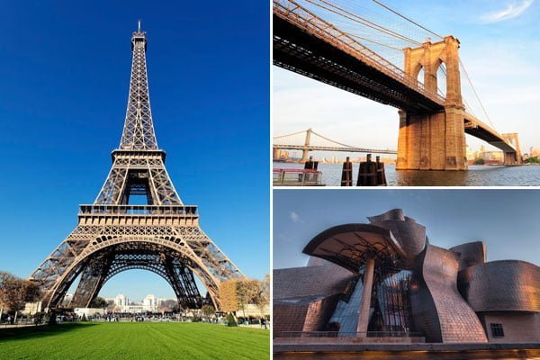 Construcciones mundialmente famosas: Torre Eiffel, Puente de Brooklin y Museo Guggenheim