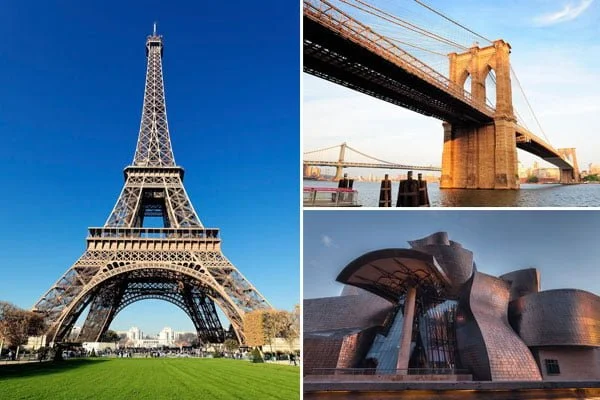 Construcciones mundialmente famosas: Torre Eiffel, Puente de Brooklin y Museo Guggenheim