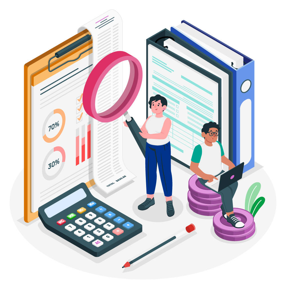 Ilustración de dos personas analizando documentos financieros. Una sostiene una gran lupa sobre un gráfico de barras, mientras que la otra escribe en un portátil, sentada sobre monedas. En este cuadro financiero también se ven herramientas de Oracle NetSuite como una calculadora, un lápiz y una carpeta.