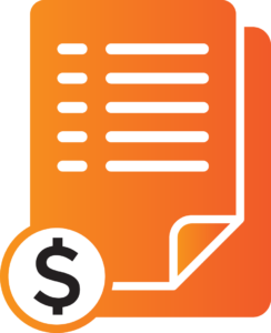 Icono naranja de un documento con líneas de texto y una esquina doblada, con un signo de dólar negro dentro de un círculo en la esquina inferior izquierda, que representa un extracto financiero o de facturación relacionado con el programa kit digital.